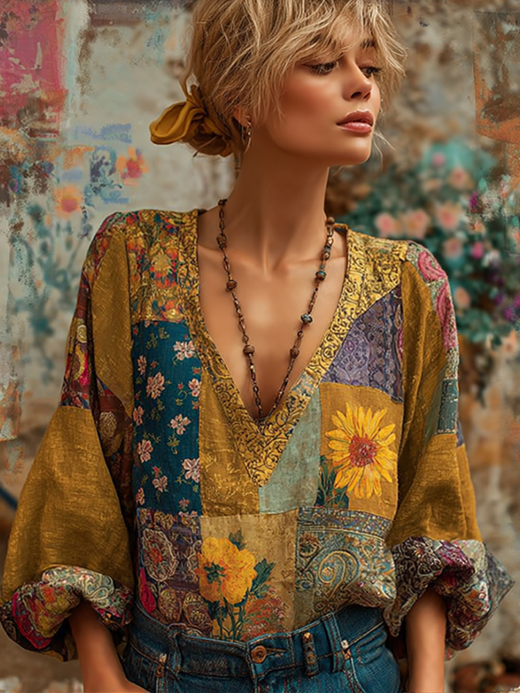 Women's Bohemian Patchwork Colorful Floral V-neck Linen Top