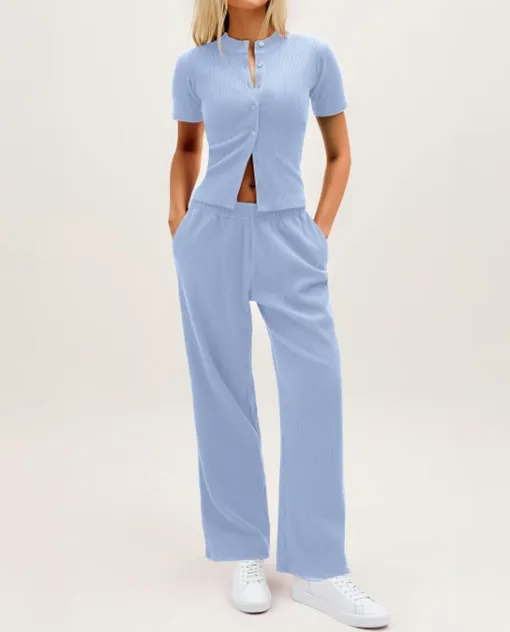 Chic Women's Button-Up Top & Wide Leg Trouser Set – Casual & Comfy!