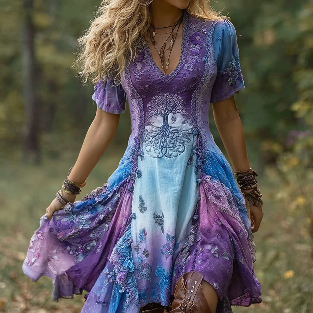 Women's Vintage Viking Tree Of Life Gradient Midi Dress