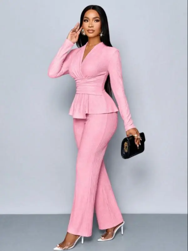 Women's Elegant V Neck Long Sleeve T-Shirt And Wide Leg Pants Two Piece Set