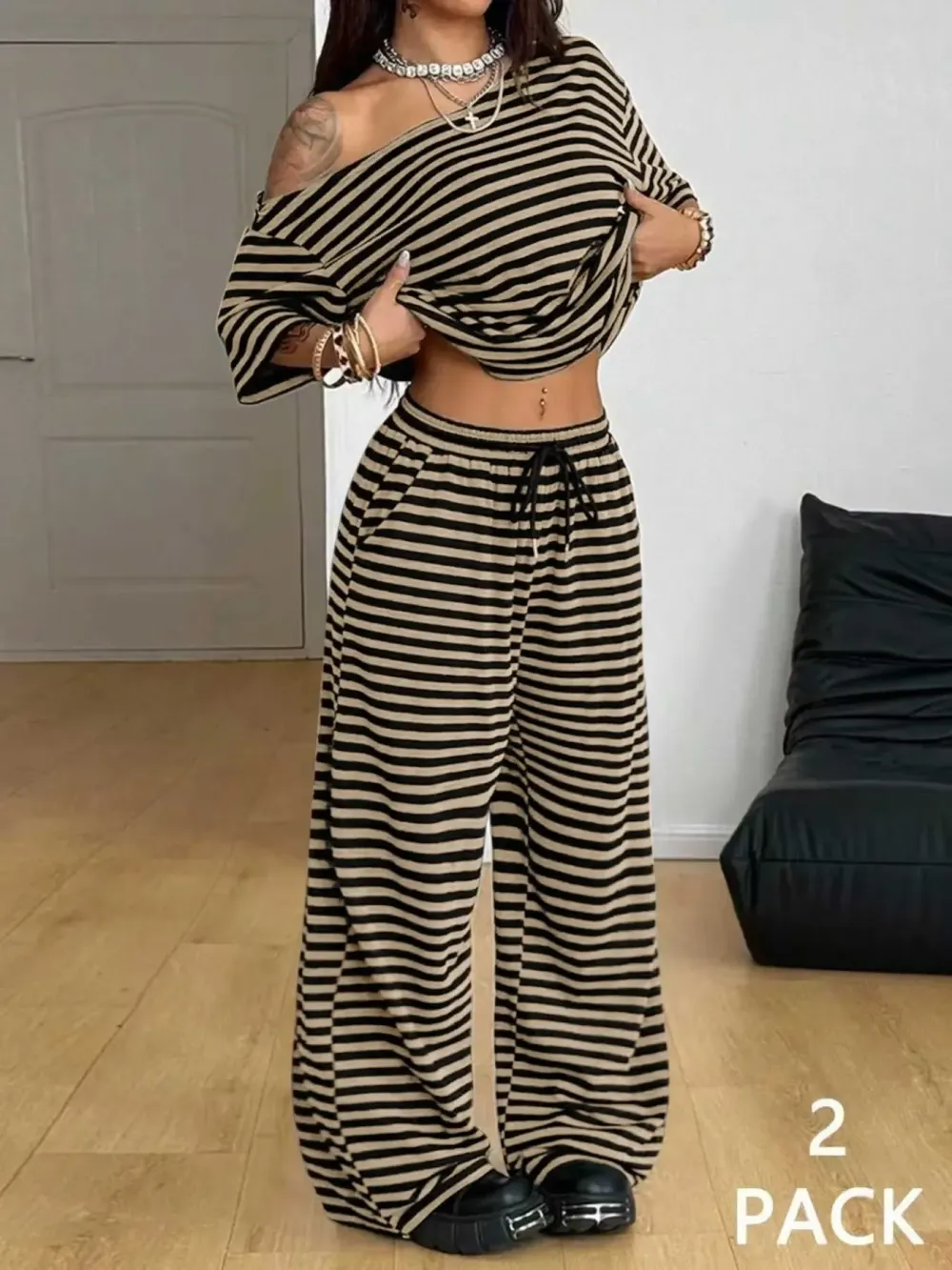 Women's Casual Streetwear Two-Piece Set, Comfortable Shoulder-Exposed Top & Wide-Leg Pants