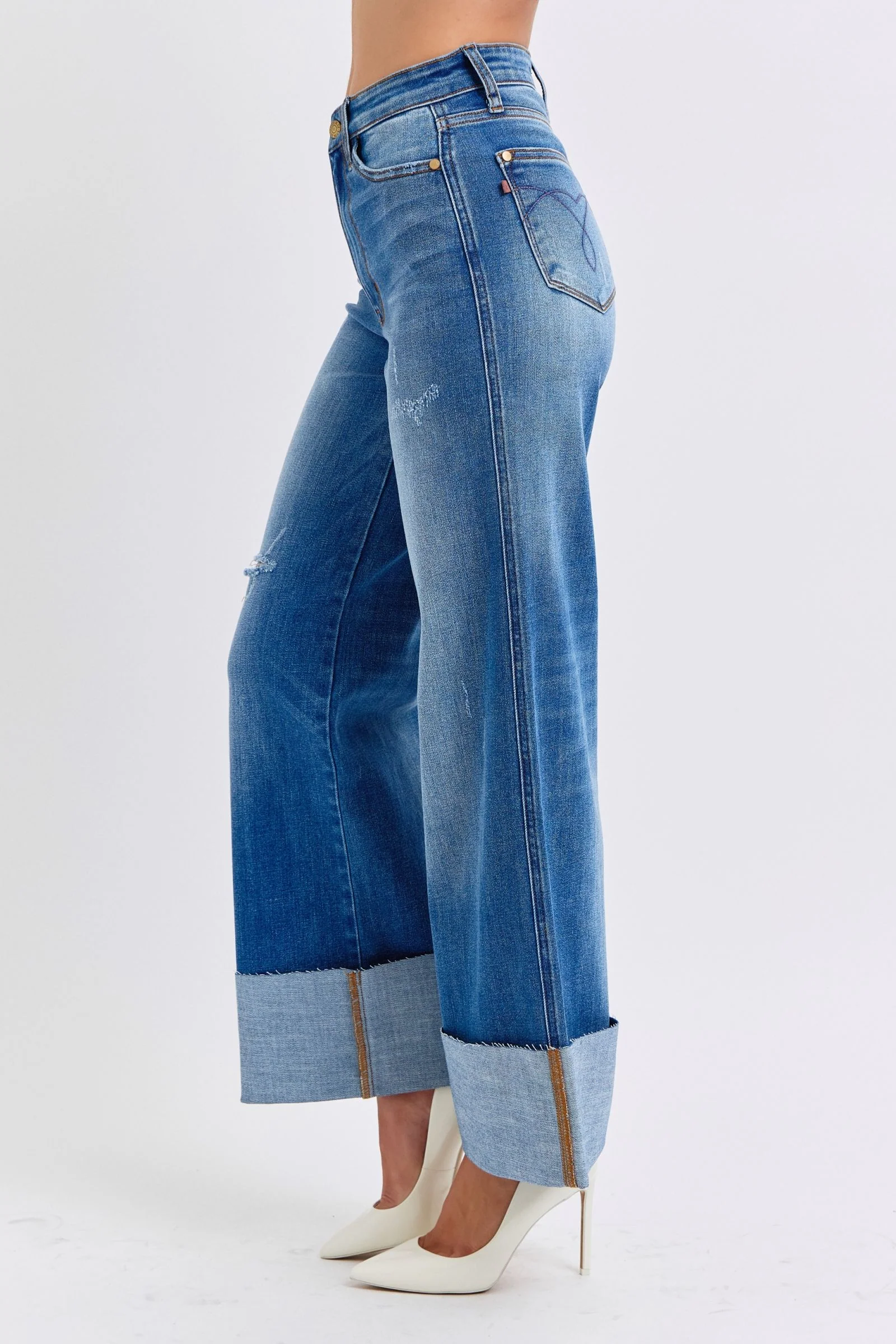 Blue Full Size Distressed High Waist Wide Leg Jeans