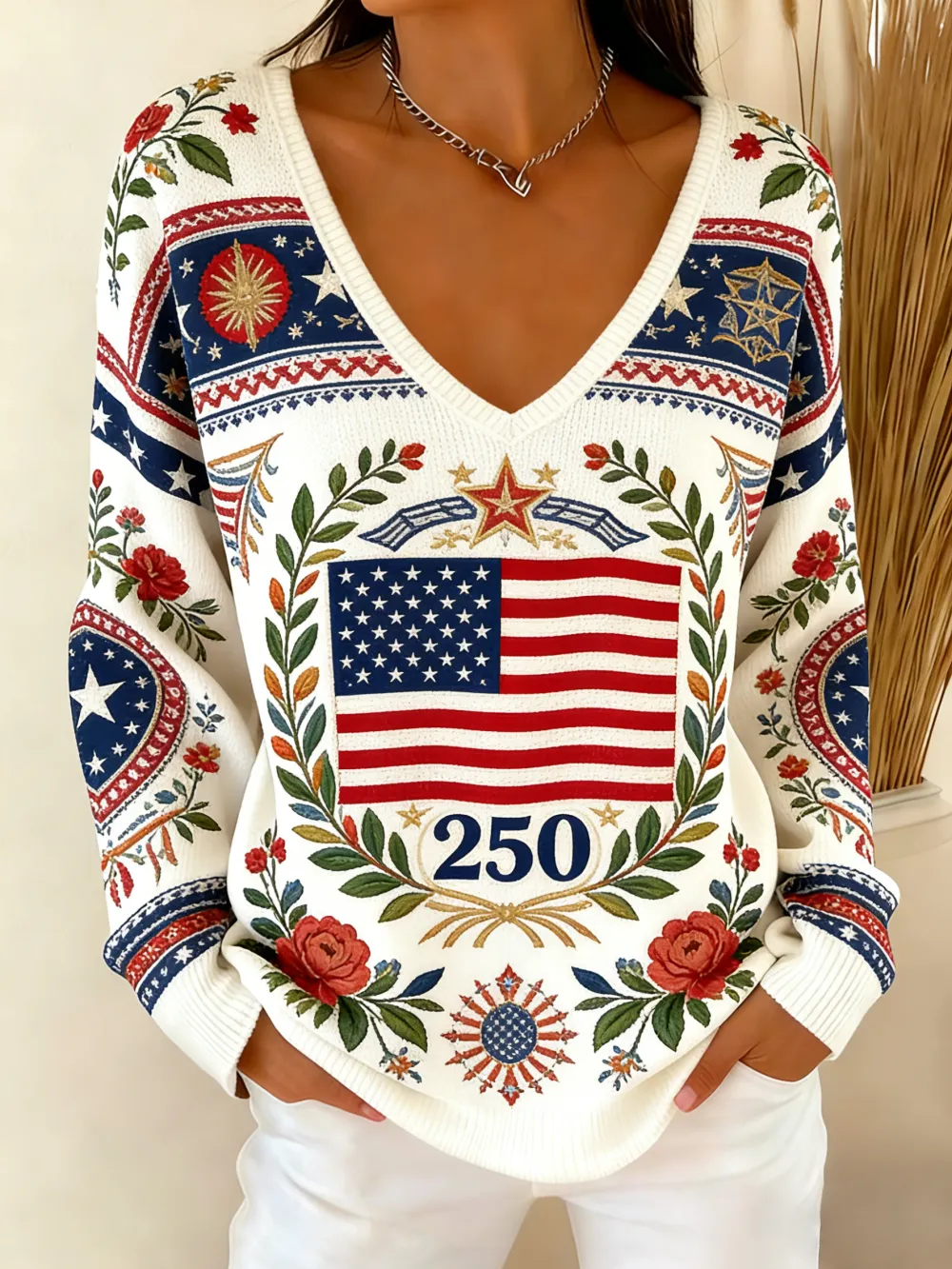 Women's 250th Anniversary Flag Wreath Printed V-neck Knitted Shirt