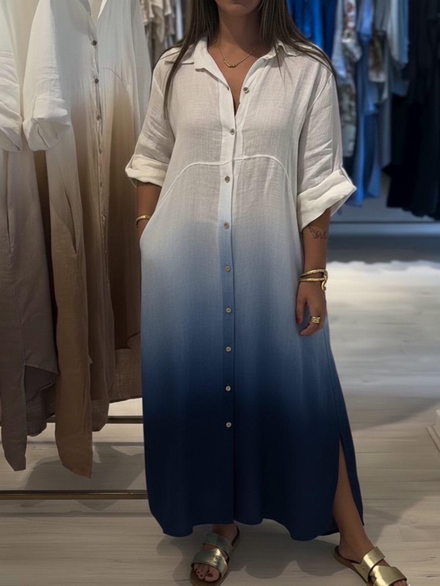 Casual Gradient Color Linen And Cotton Shirt Dress