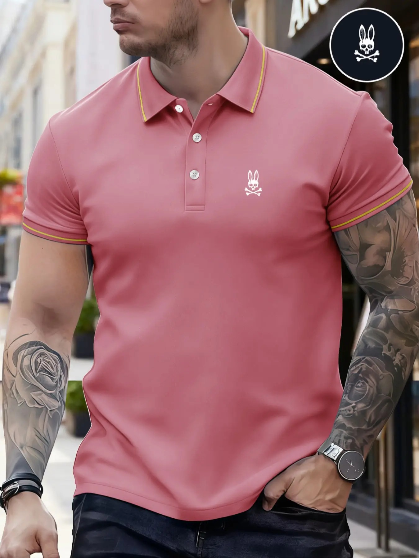 Men's Regular Fit Letter Print Skull Rabbit Contrast Trim Polo Shirt, Casual Short Sleeve Half Zip Top for Summer