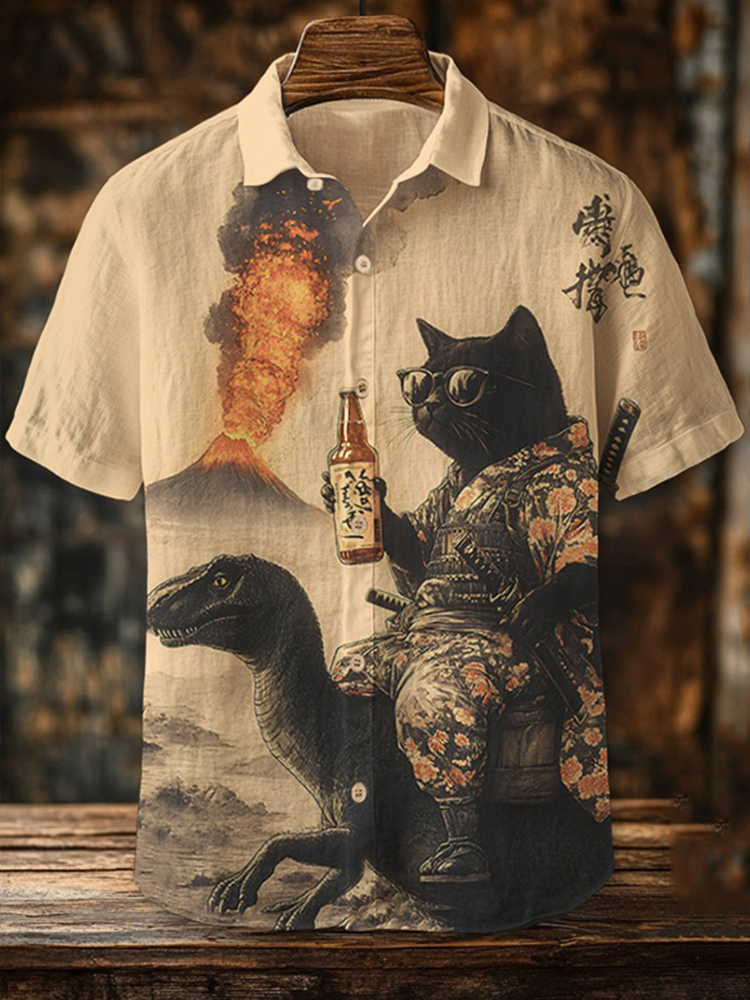 Men's Samurai Black Cat Drinking In Front Of The Volcano Print Short Sleeve Shirt