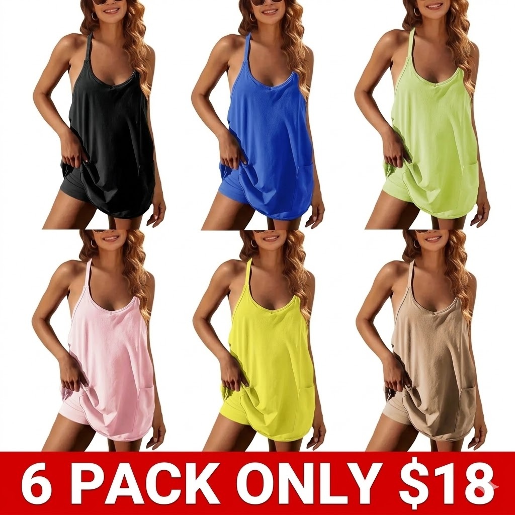 Tanming Women's Athletic Sleeveless Mini Dress with Built-in Shorts Summer V Neck Spaghetti Strap Short Spring Tennis Dress with Pockets