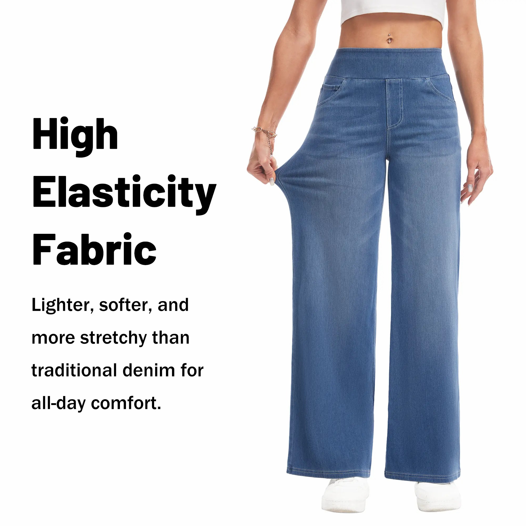 Wide Leg Stretchy Jeans for Women Loose Fit Elastic High Waist Pants Pull On Baggy Fit Jeans Tummy Control Trousers Casual Work Wear (Regular Inseam)