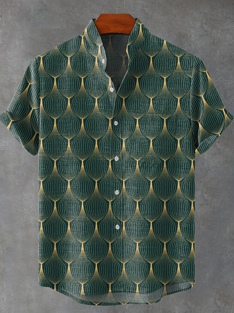 Men's Retro Geometric Line Decorative Pattern Art Print Cotton And Linen Shirt