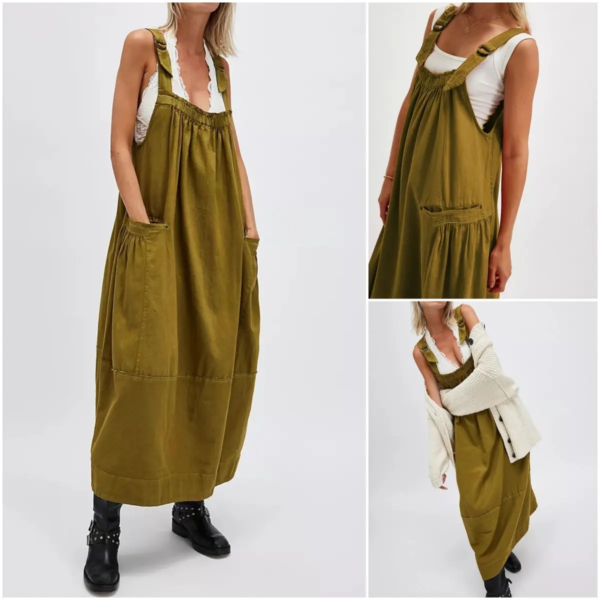 Women's Sleeveless Strappy Barrel Midi Dress with Pockets & Adjustable Straps
