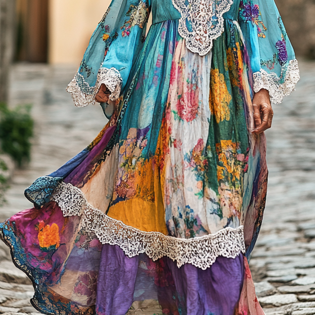 Vintage Loose Linen Patchwork Dress 97b4