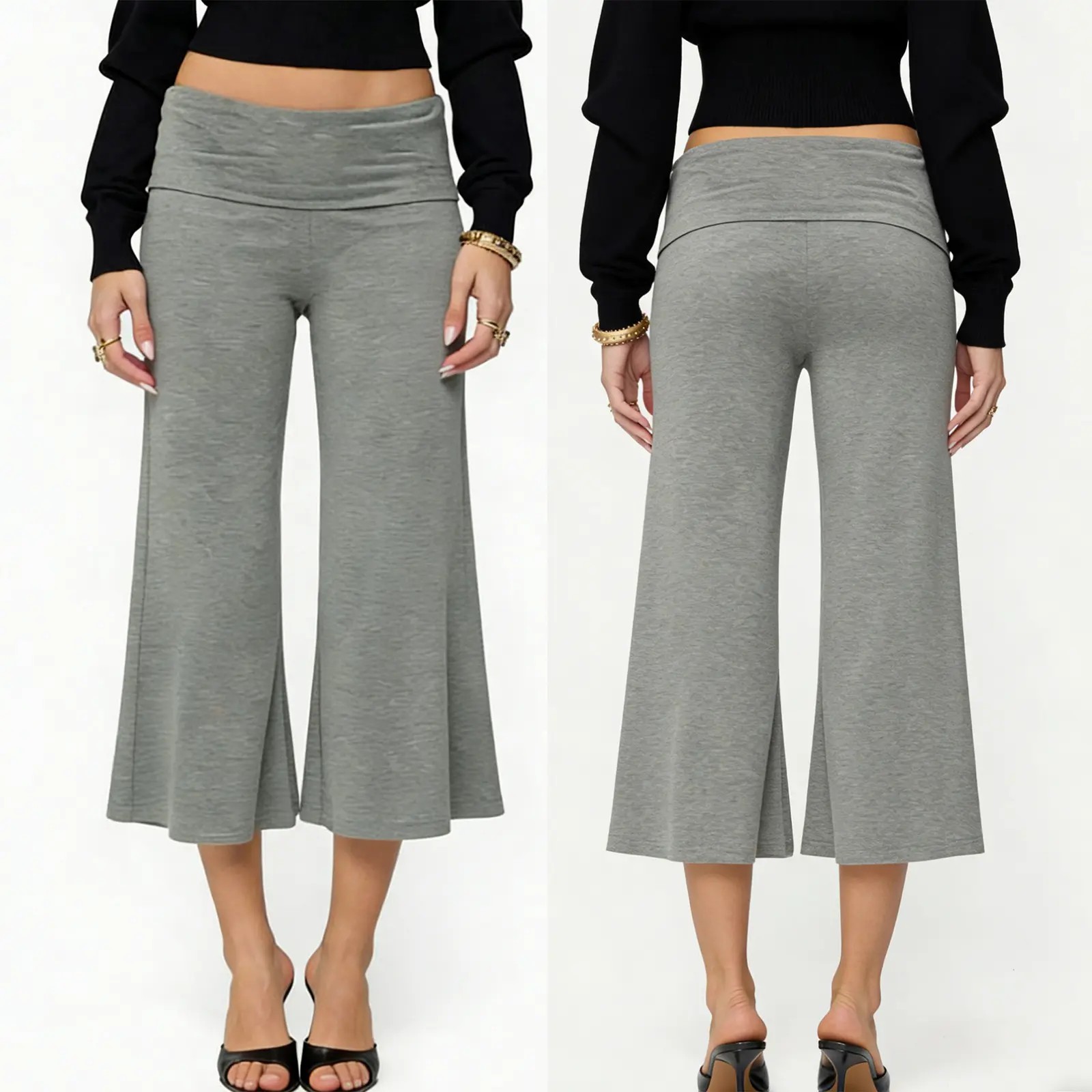 Casual Wide-Leg Culottes for Women - Fold-Over Waist Cropped Pants