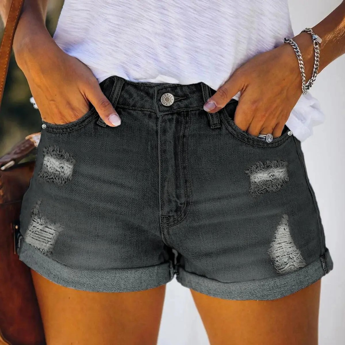 Women's Light Wash Distressed Denim Shorts - Slim Fit with Cuffed Hems