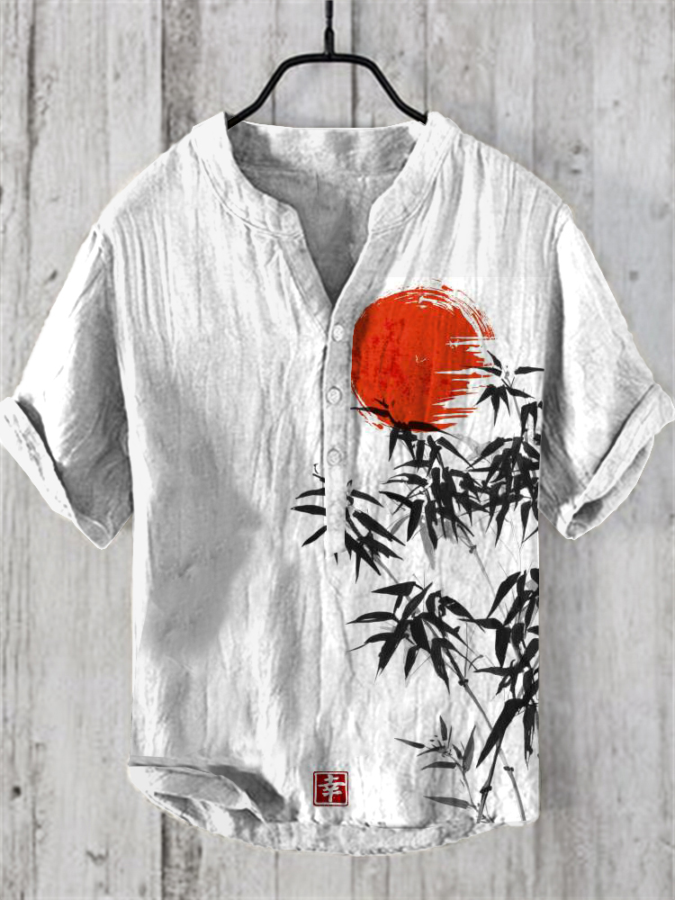 Japanese Bamboo Forest And Red Sun Art Linen Casual Shirt