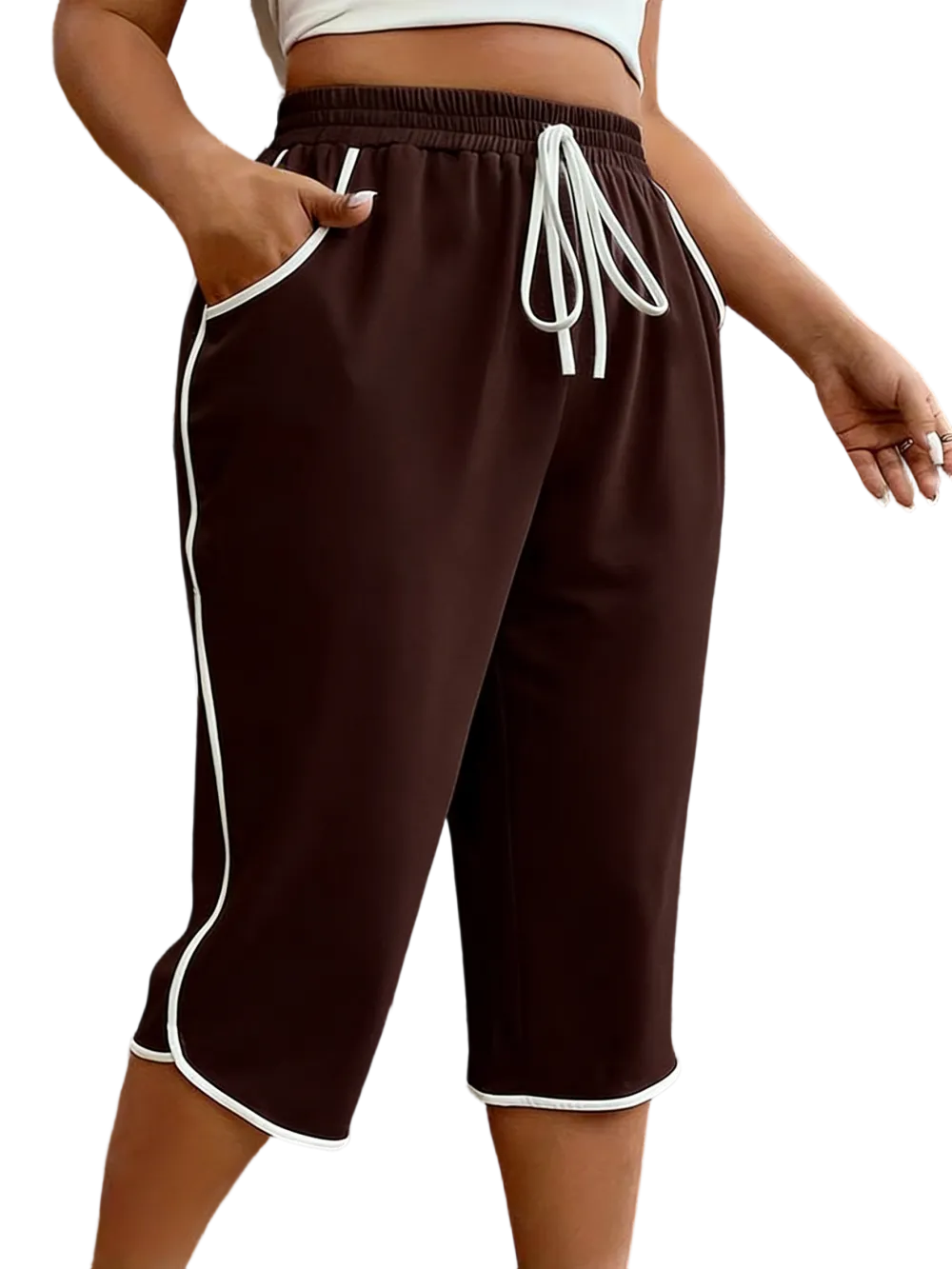 Women’s Plus Size Color Block Drawstring Capri Sports Pants