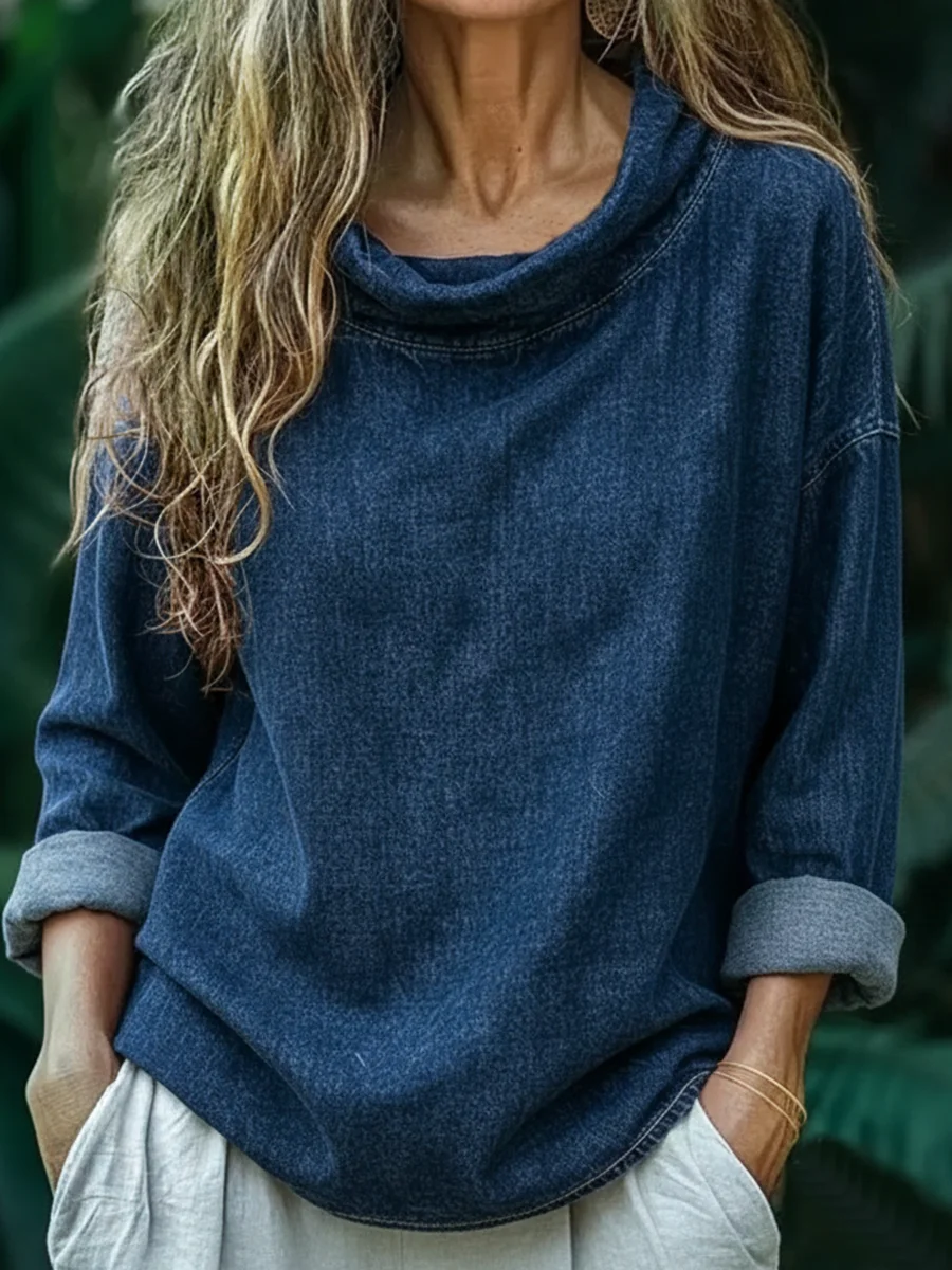 Women's Stylish Retro Art Casual Swing Collar Denim Shirt