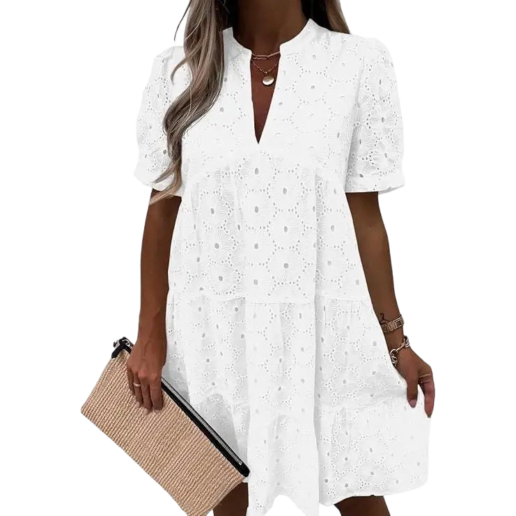 💖Wenrine Women’s Summer Lace Dresses Eyelet Casual Flowy Babydoll Swing Short Sleeve V Neck Tunic Dress