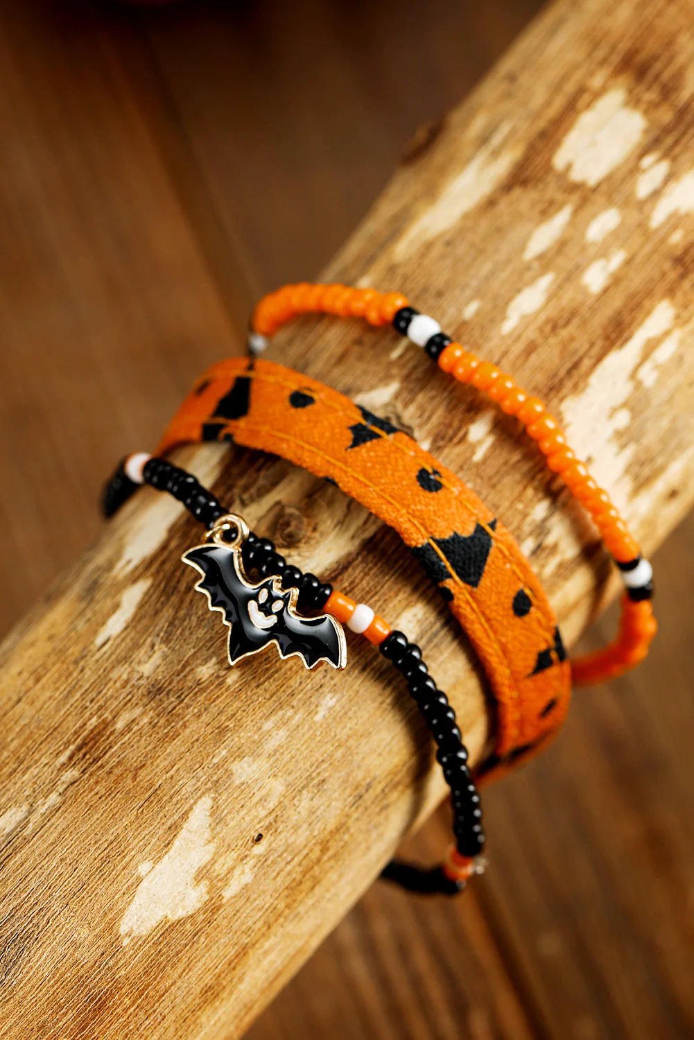 Russet Orange Halloween Bat Pendant Beaded Multi Layer Bracelet Set