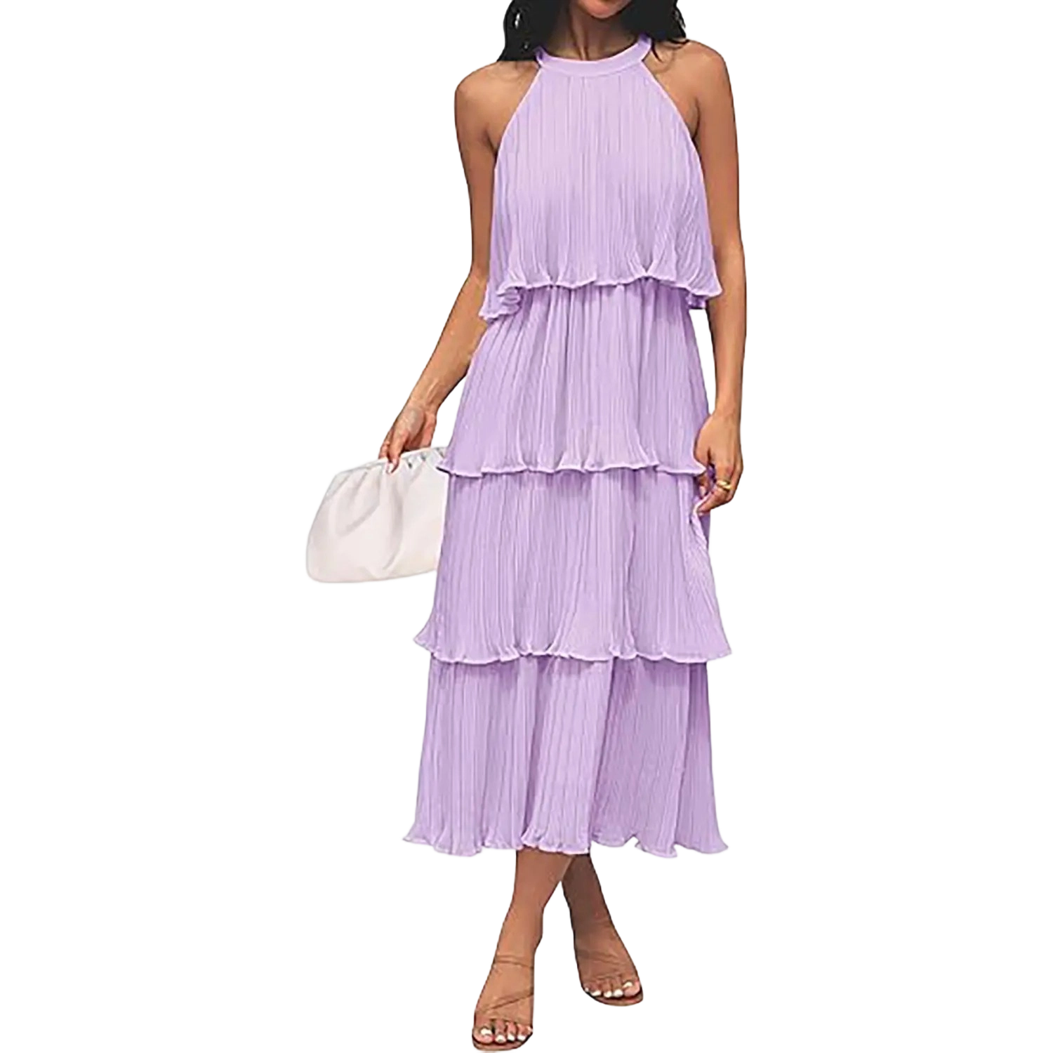 Women's Halter Neck Tiered Ruffle Chiffon Midi Dress