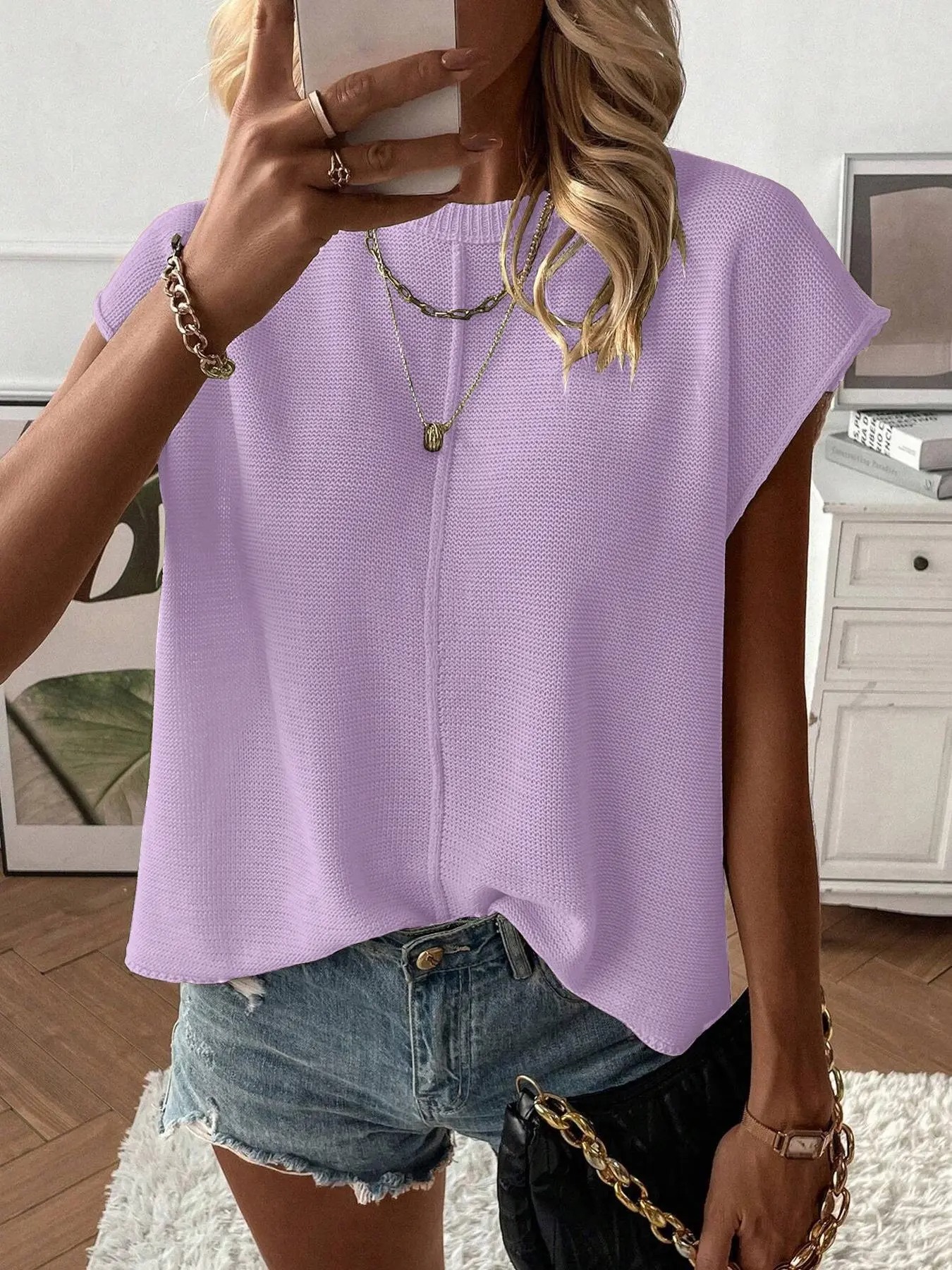 Women's Solid Color Round Neck Sweater Vest - Casual Lightweight Knit Top for Summer Daily Wear