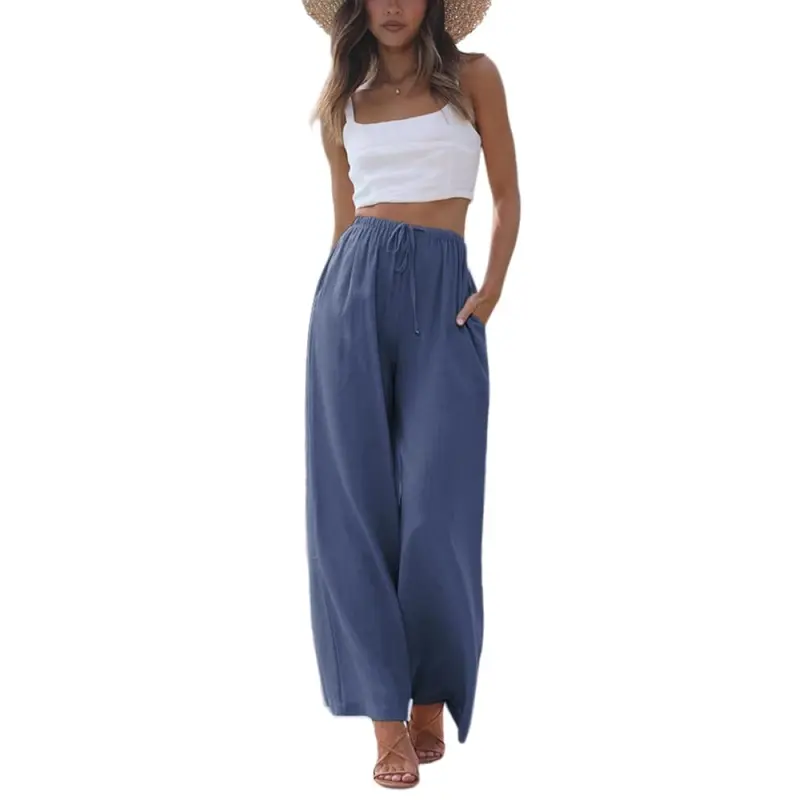 Women's Cotton Linen Summer Palazzo Pants Flowy Wide Leg Beach Trousers with Pockets Casual Womenswear