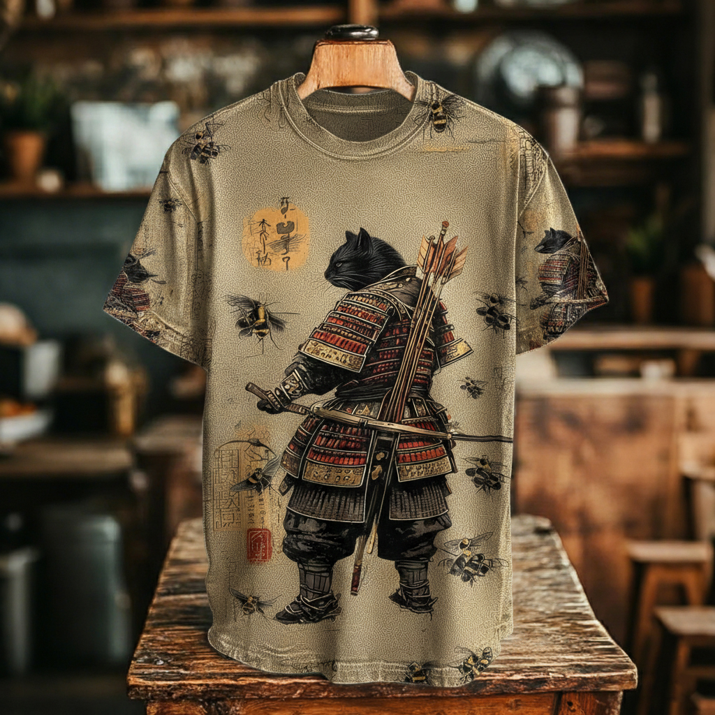 Men's Black Cat Tribal Warrior Japanese Kyudo Print Short Sleeve Shirt