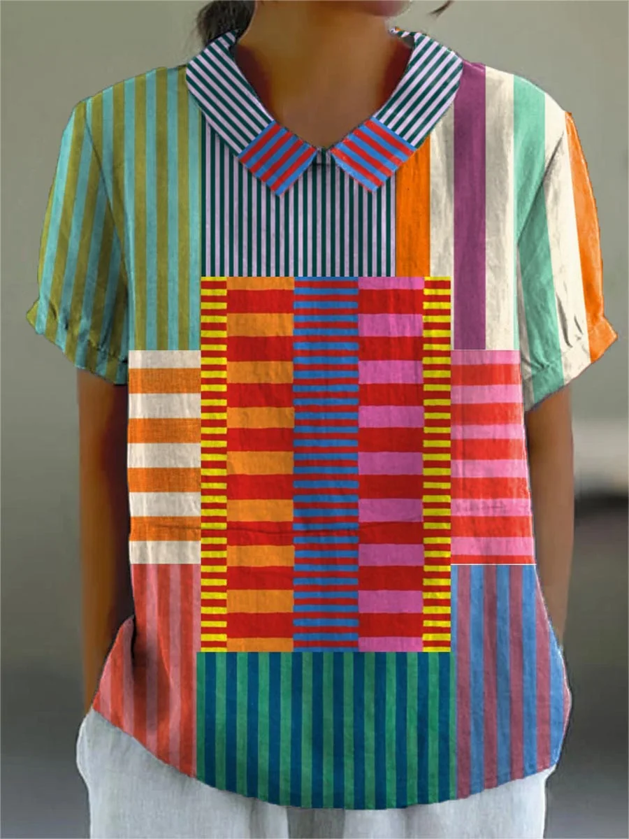 Women’s Colorful Patchwork Striped Cotton Linen 3/4 Sleeve Shirt