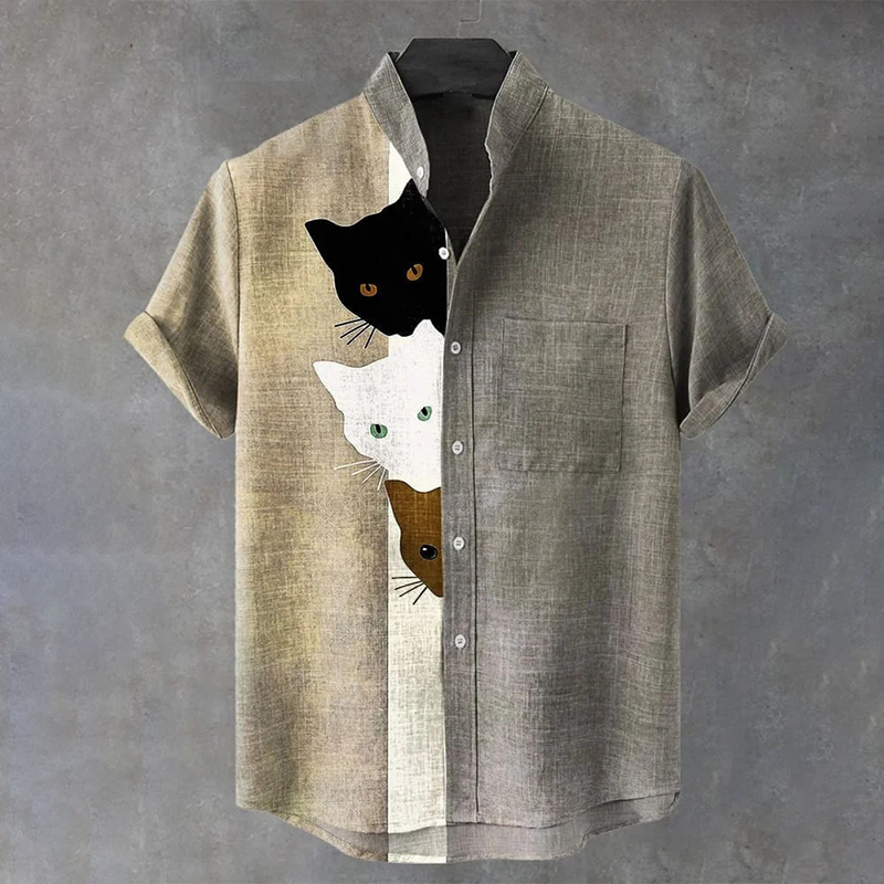Vintage Funny Black Cat Art Print Casual Cotton Shirt