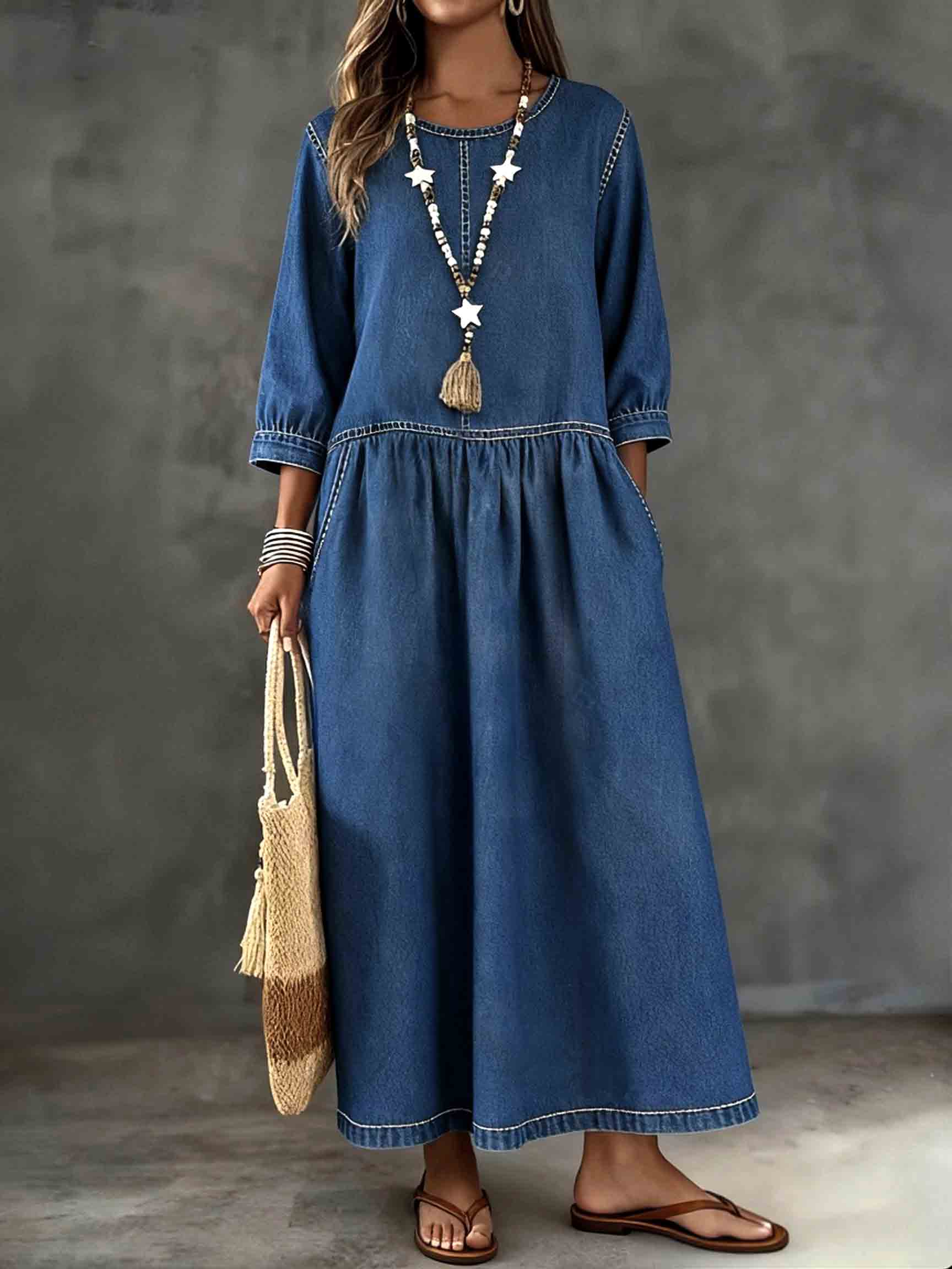 Long Sleeved Round Neck Loose Denim Dress