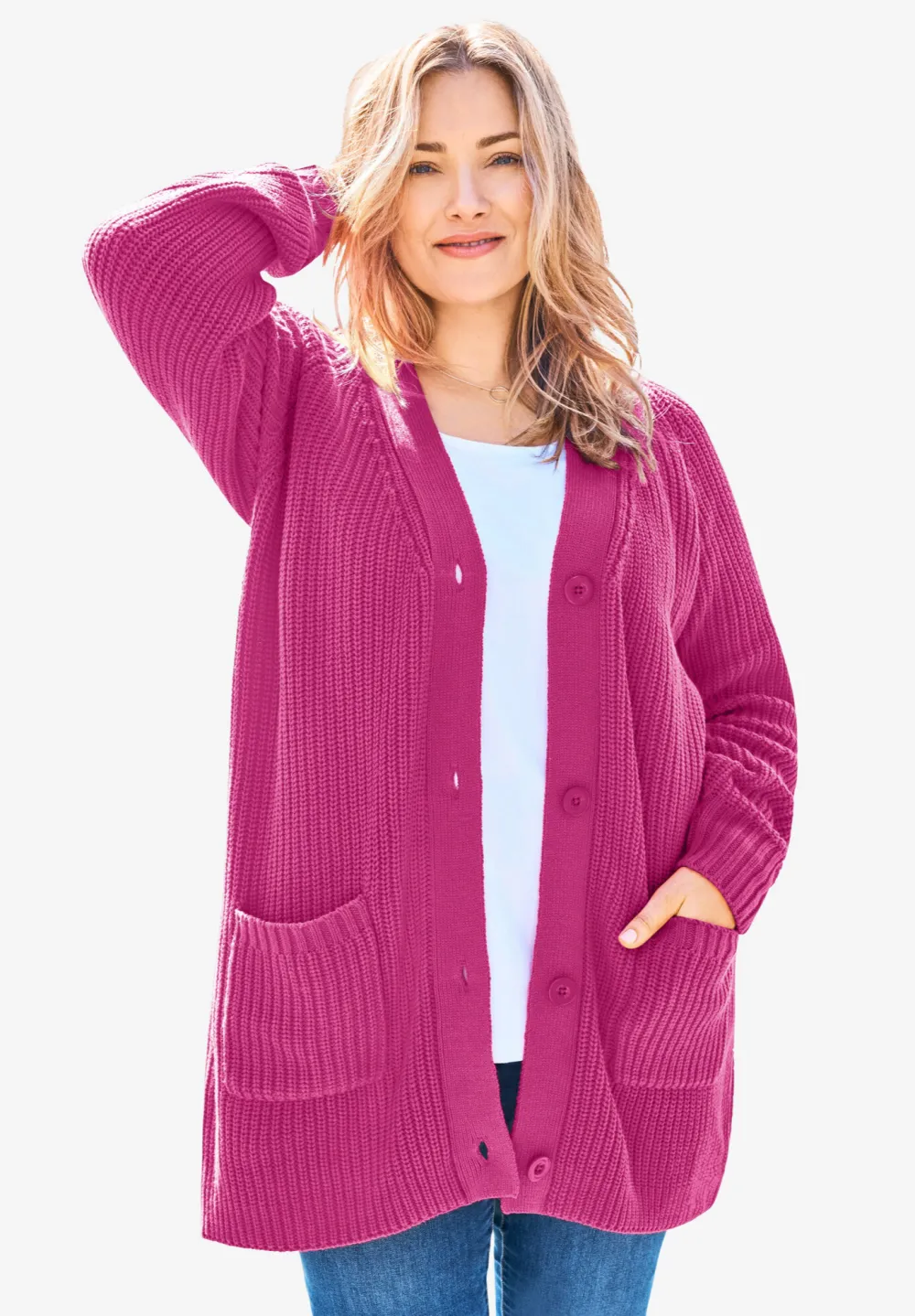 Button-Front Shaker Cardigan