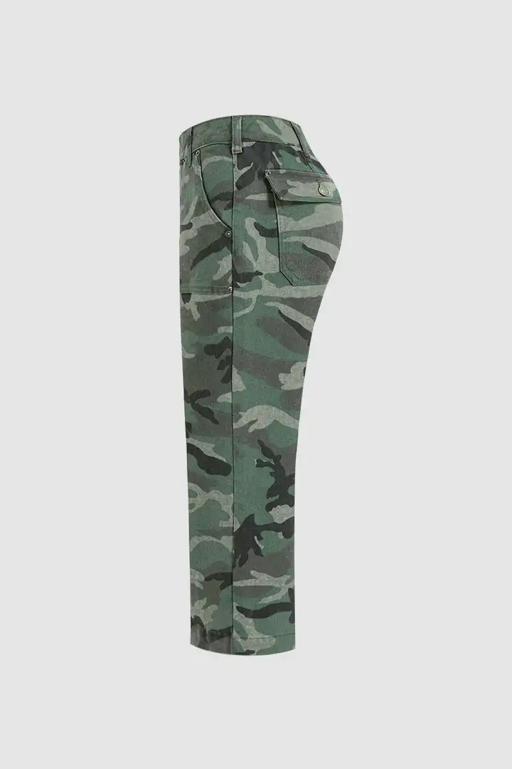 Stretchy Camo Print Mid Waist Straight Leg Capri Pants Summer Vibes