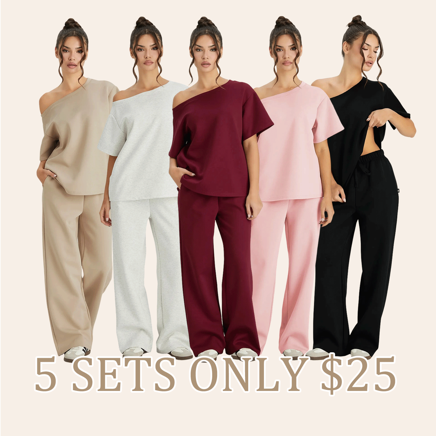 Women's Leisure Solid Color Sloping Shoulder Short Sleeve Top & Drawstring Waist Wide Leg Trousers Co-ord