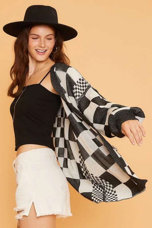 Checkered Open Front Drop Shoulder Cardigan