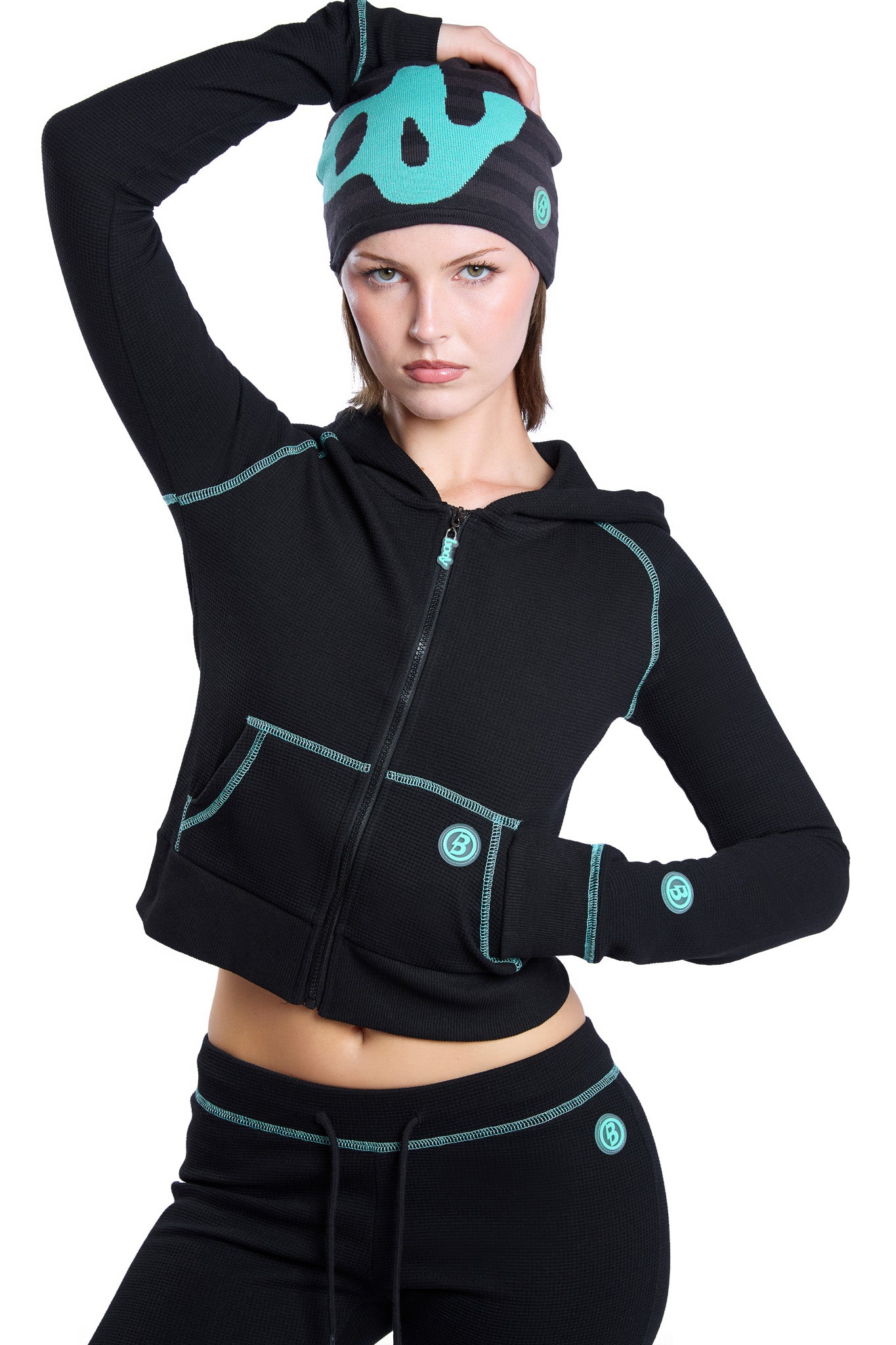 WAFFLE KNIT HOODIE (BLACK/TIFFANY BLUE)