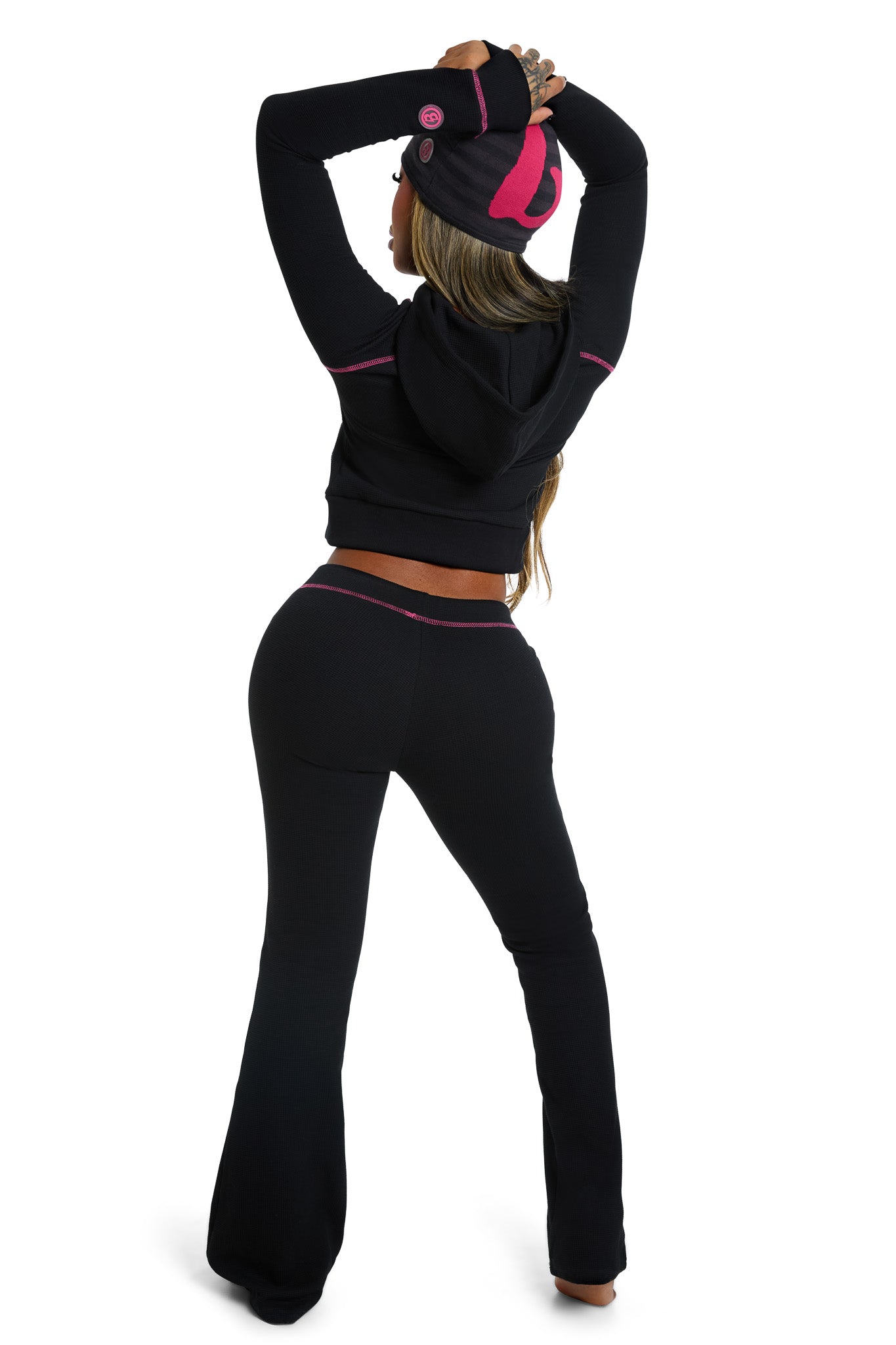 WAFFLE KNIT HOODIE (BLACK/PINK)