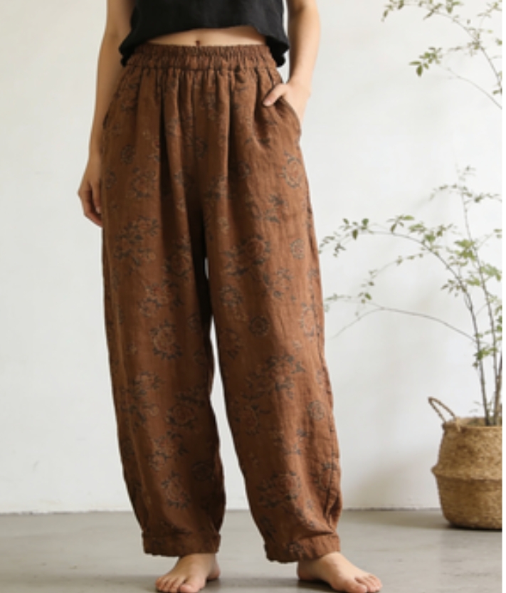Retro Brown Printed Linen Pull-On Pants