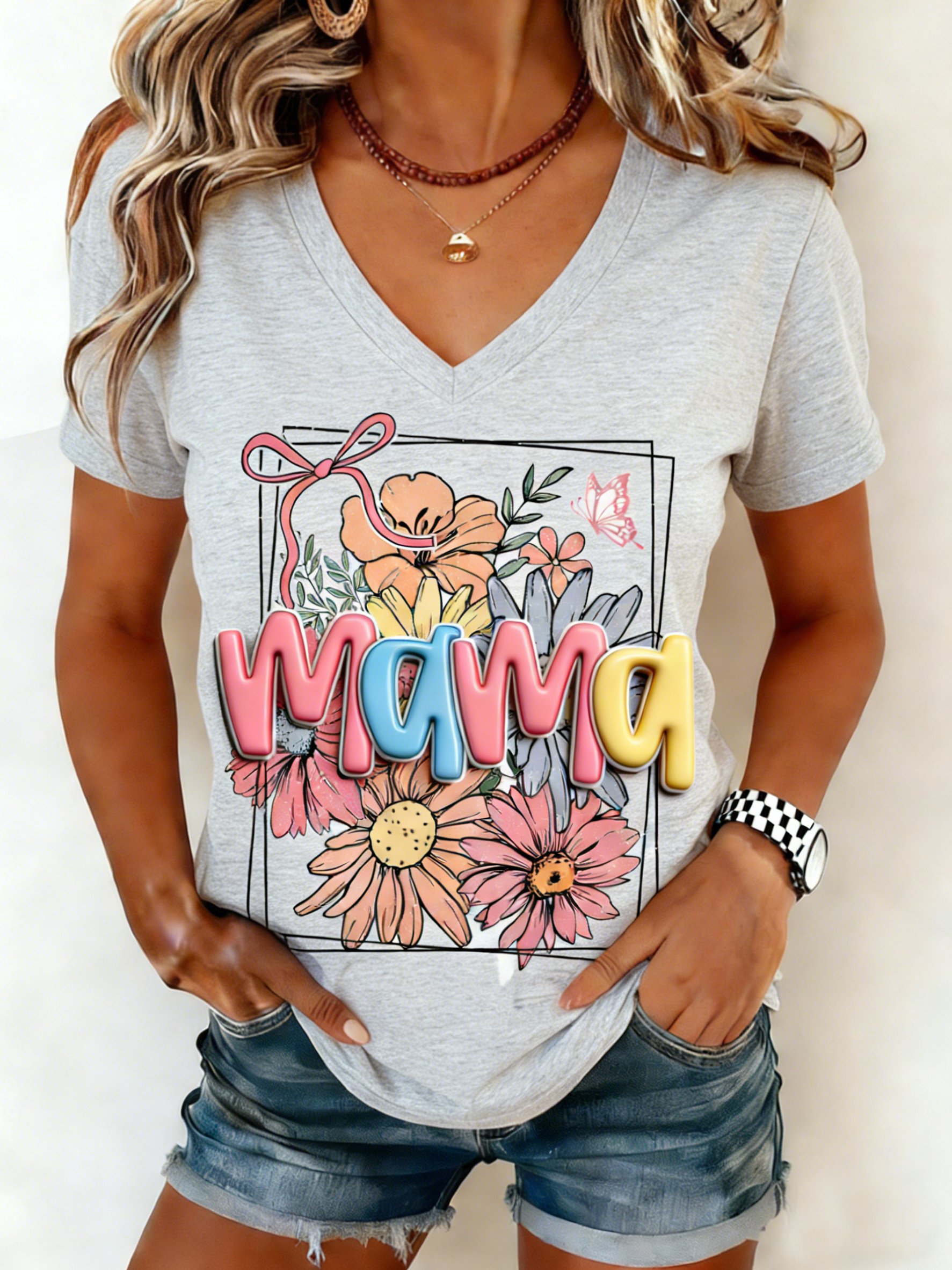 Mother's Day 3D Printing Letter Pattern Floral Short Sleeve V Neck Loose  Casual T-Shirt