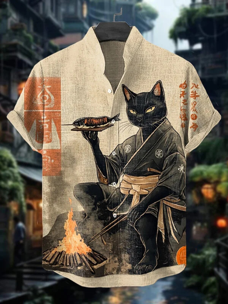 Men's Kimono Black Cat Grilled Fish Art Print Casual Shirt
