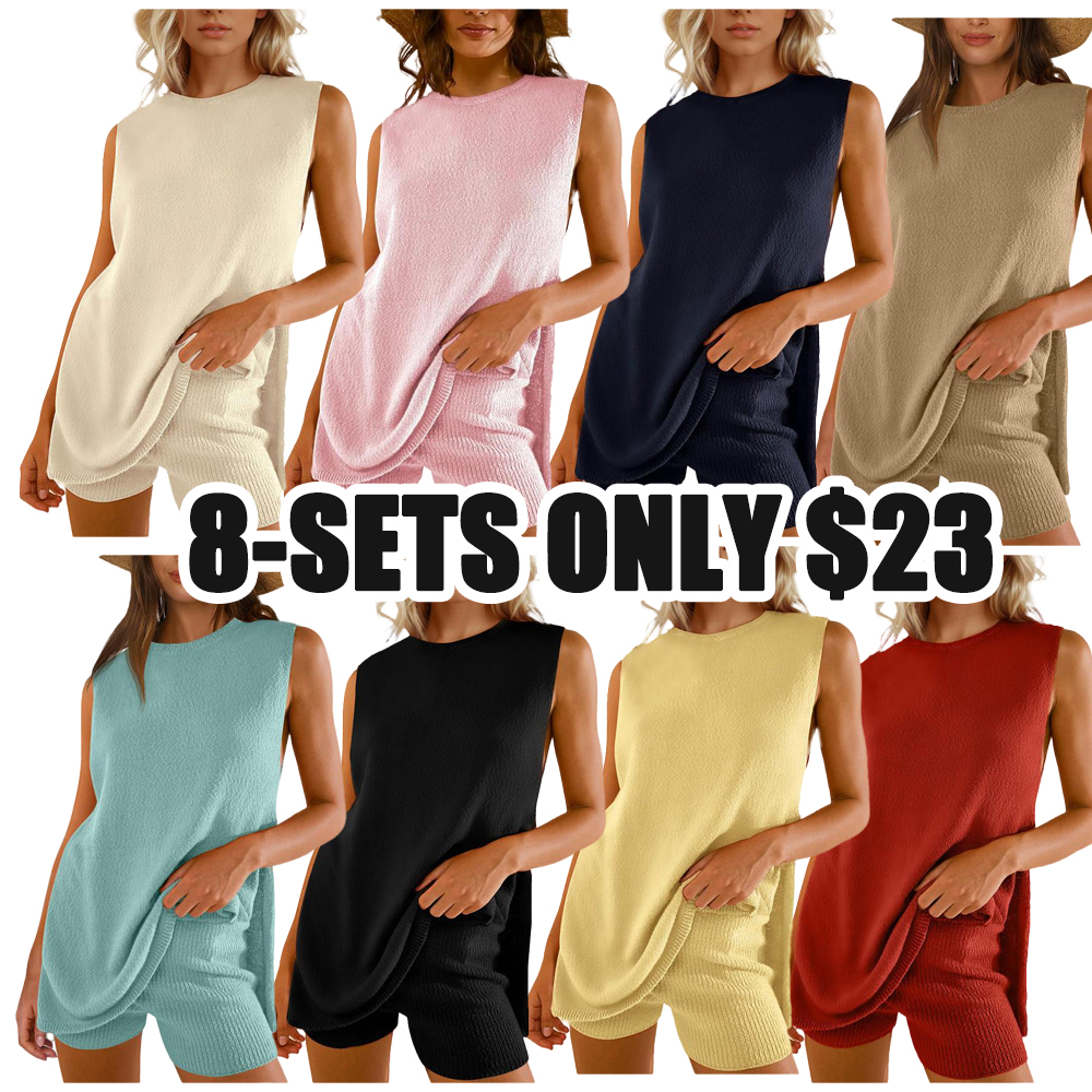 Women’s 2-Piece Summer Knit Sweater Set – Sleeveless Tunic Top & Matching Shorts, Casual Beach Lounge Outfit
