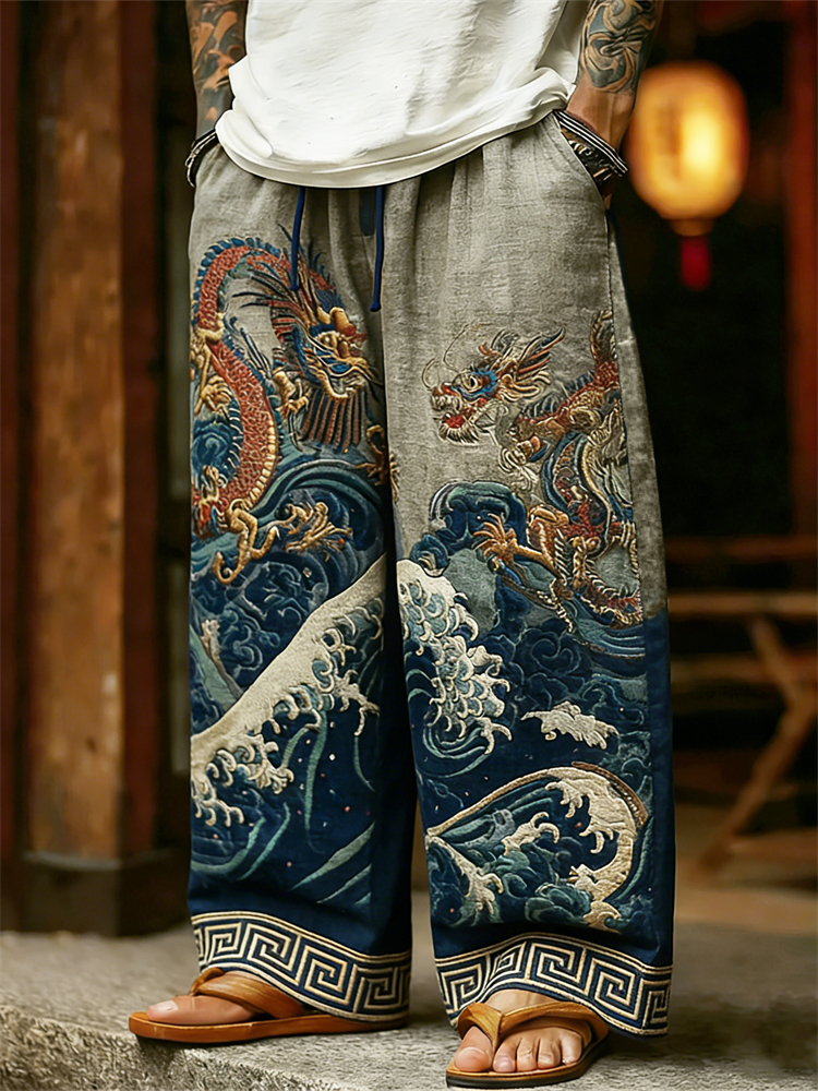 Men's Japanese Dragons & Sea Waves Art Linen Pants