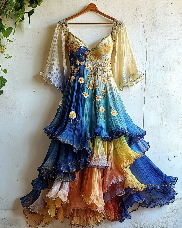 Gilded Ruffled Daisy Embroidery Gradient Irregular Dress 9a1c