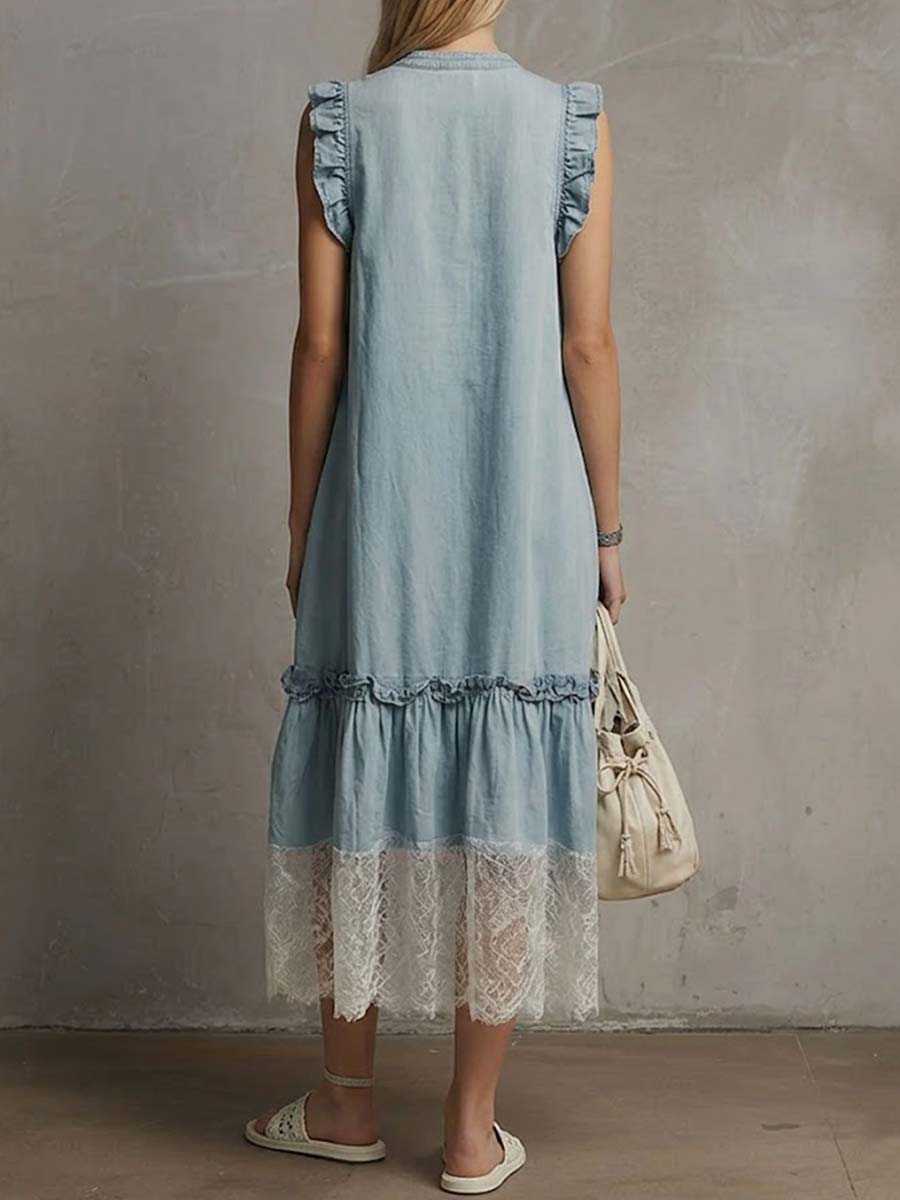 Women's V-neck Sleeveless Casual Loose Denim Patchwork Dress