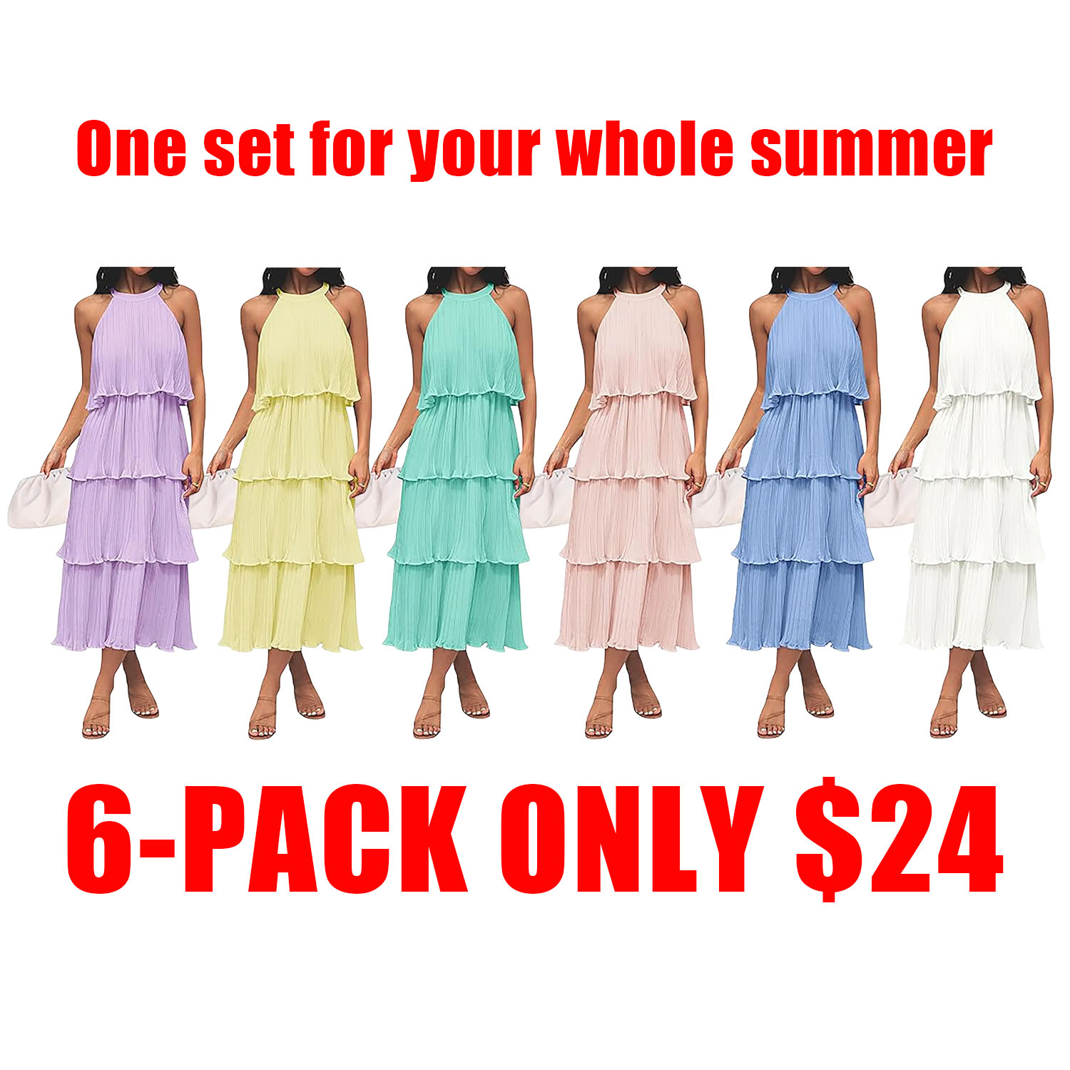 🔥Women's 2026 Summer Sleeveless Halter Neck Ruffle Tiered Layed Chiffon Flowy Swing Long Midi Dress