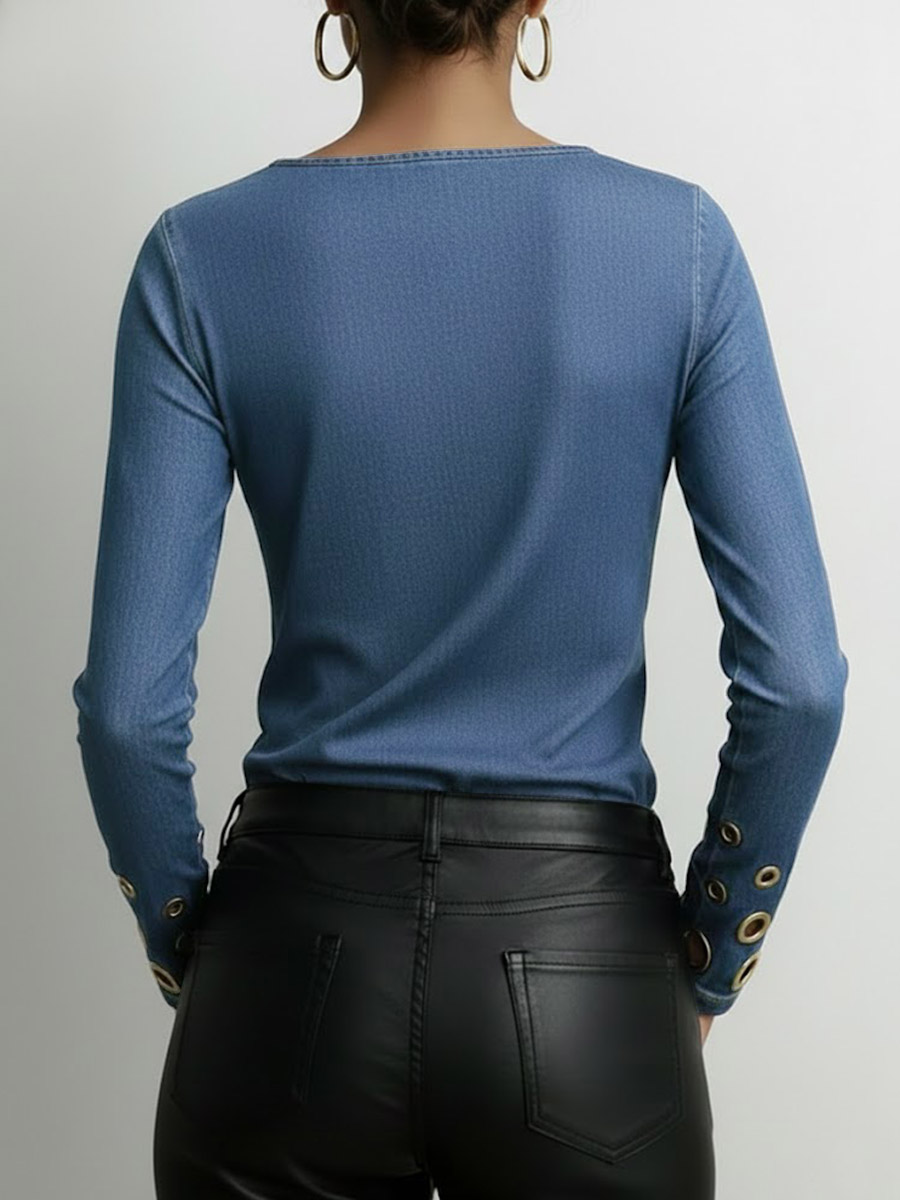 Women's Round Neck Long Sleeve Faux Denim Stretch Casual Loose Denim Top