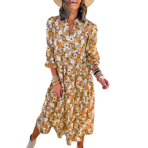 Women's Casual Bohemian Floral Dress 2026 V-Neck Long Puff Sleeve Midi Dress Soft Fabric Comfortable Summer Dress - Womenswear