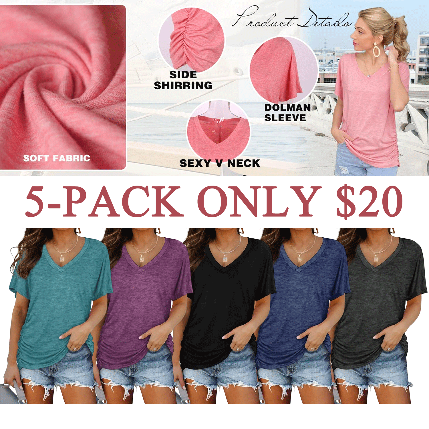 🔥Women’s V-Neck Dolman Sleeve Top with Side Shirring – Loose Fit Casual Shirt