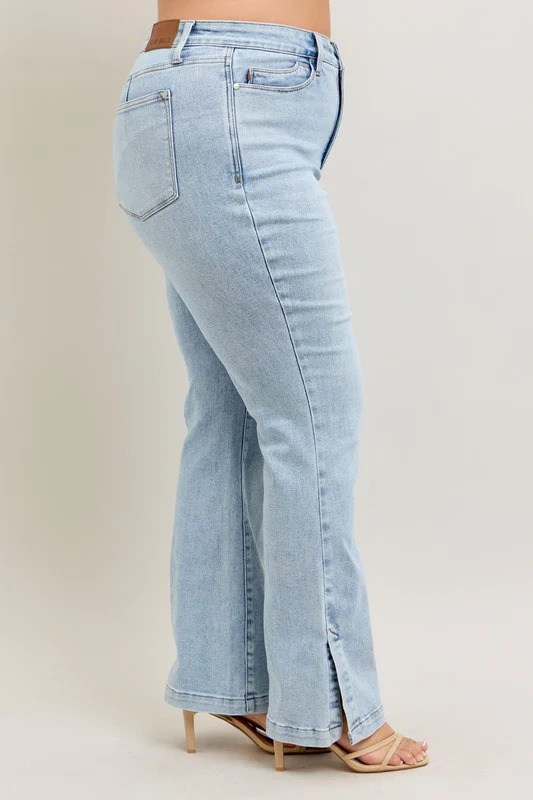 Blue Full Size Tummy Control Vintage Wash Side Slit Slim Boot Jeans Plus Size