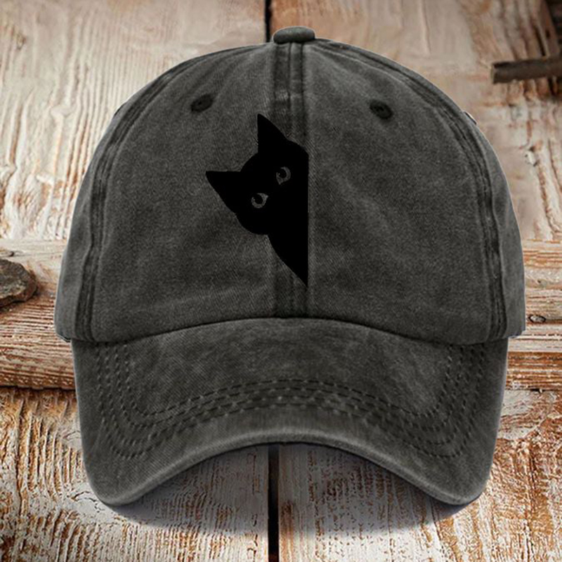 Japanese Art Black Cat Print Washed Sun Hat