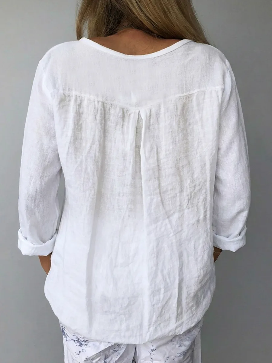 Women's V-neck Long-sleeved Cotton And Linen Top