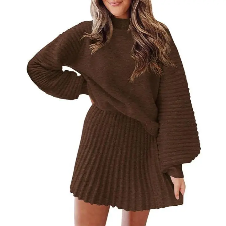 Women's 2 Piece Outfits 2025 Long Sleeve Mock Neck Ribbed Sweaters And Mini Skirt Two Piece Sets